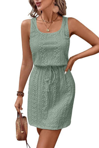 Mae Eyelet Texture Sleeveless Dress – Sage Green Drawstring Waist