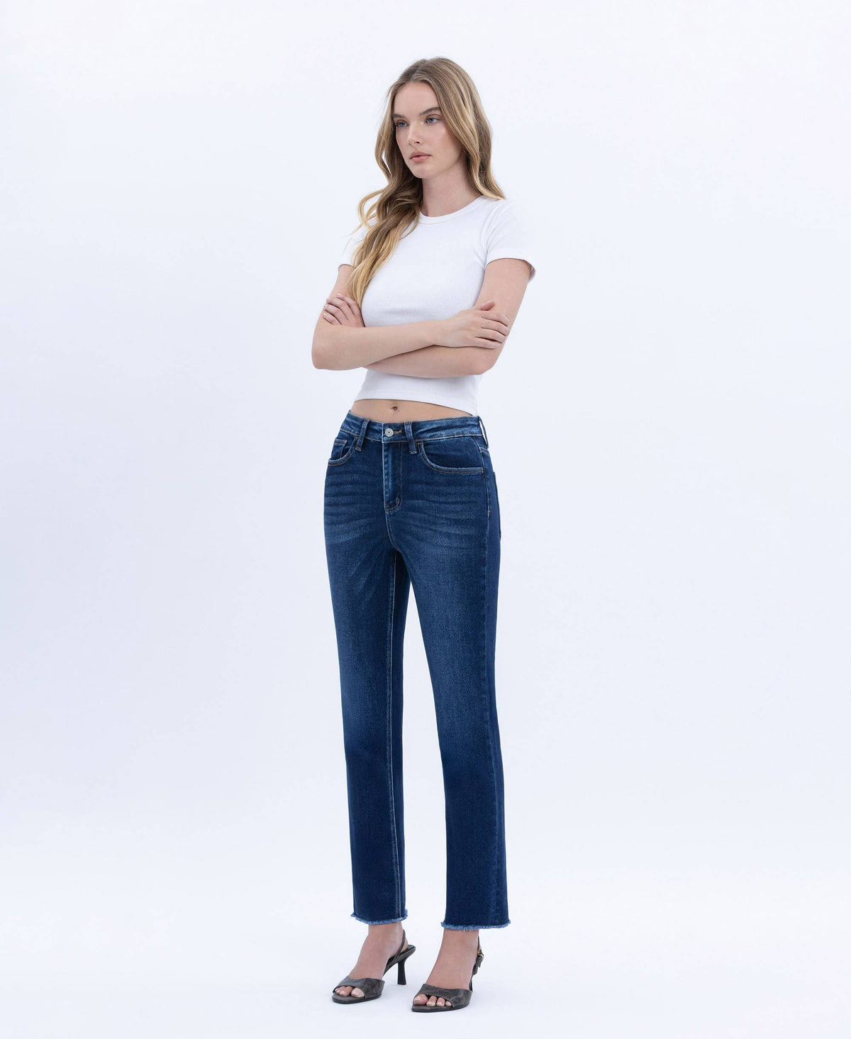 Vervet by Flying Monkey "Elara" Super High Rise Slim Straight Jeans – Raw Hem Cropped Denim