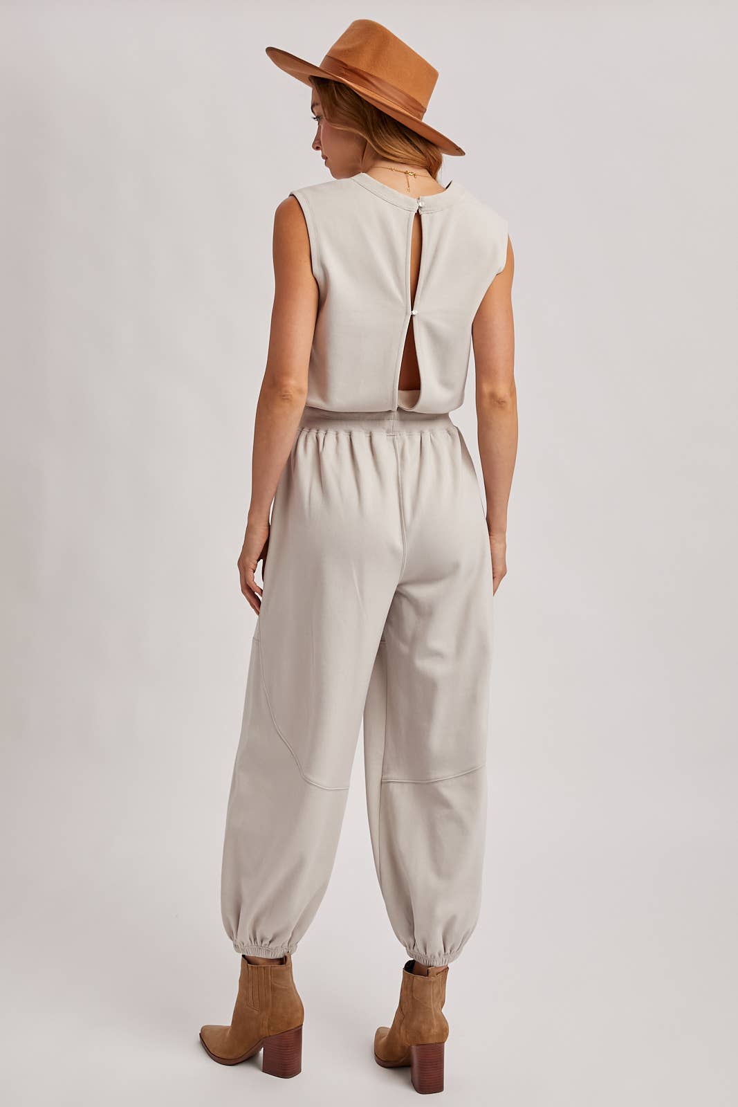 The Waverly Knit Drawstring Jumpsuit – Sleeveless Lounge-to-Live Style in Soft Oatmeal