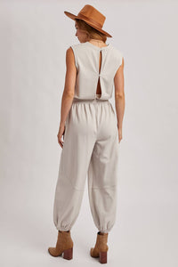 The Waverly Knit Drawstring Jumpsuit – Sleeveless Lounge-to-Live Style in Soft Oatmeal