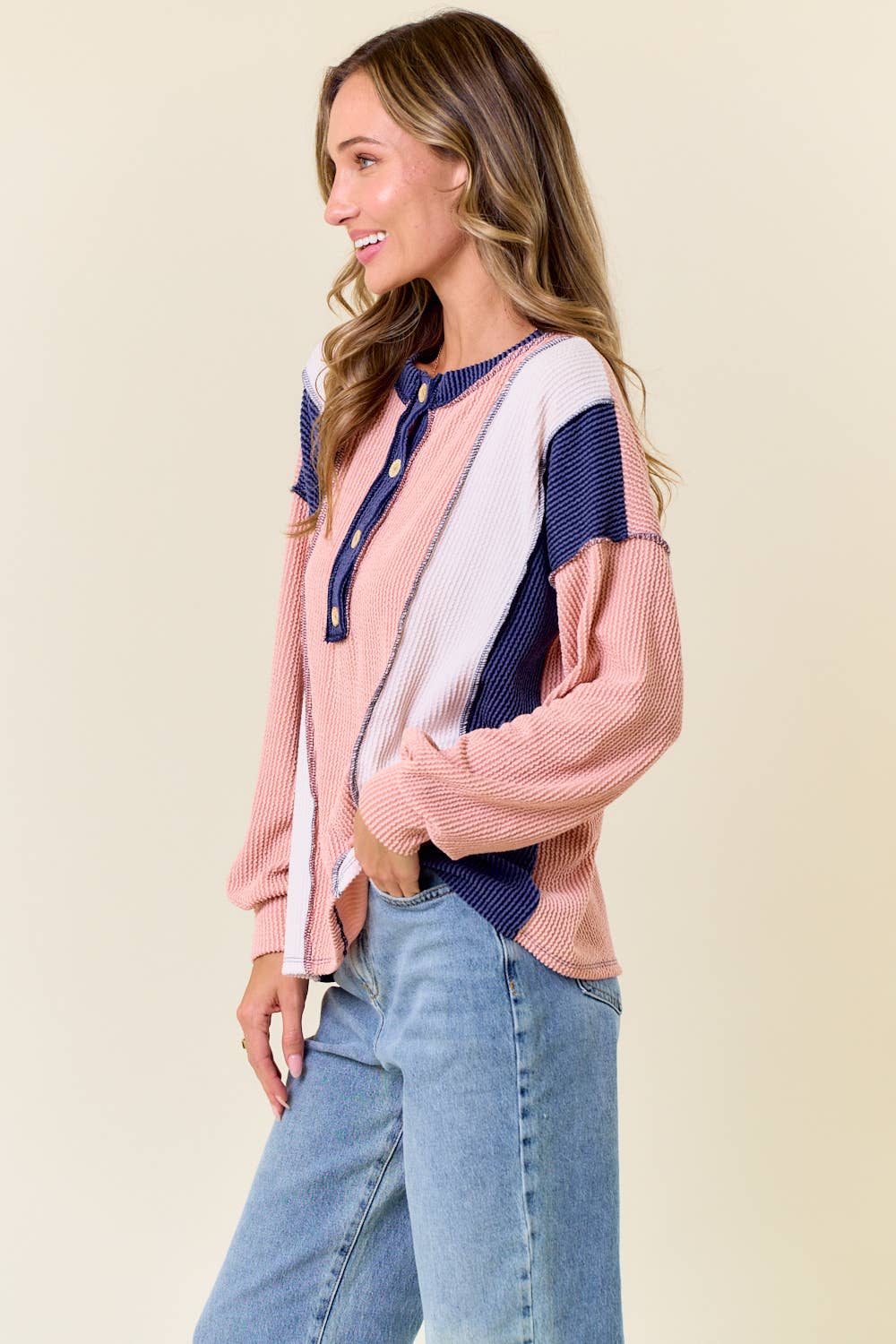 The Clara Colorblock Waffle Knit Henley – Neutral Stripe Patch Pullover