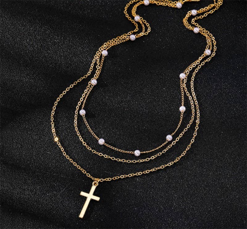 18K Gold Stainless Steel Layered Cross & Pearl Necklace | Tarnish-Free & Hypoallergeni