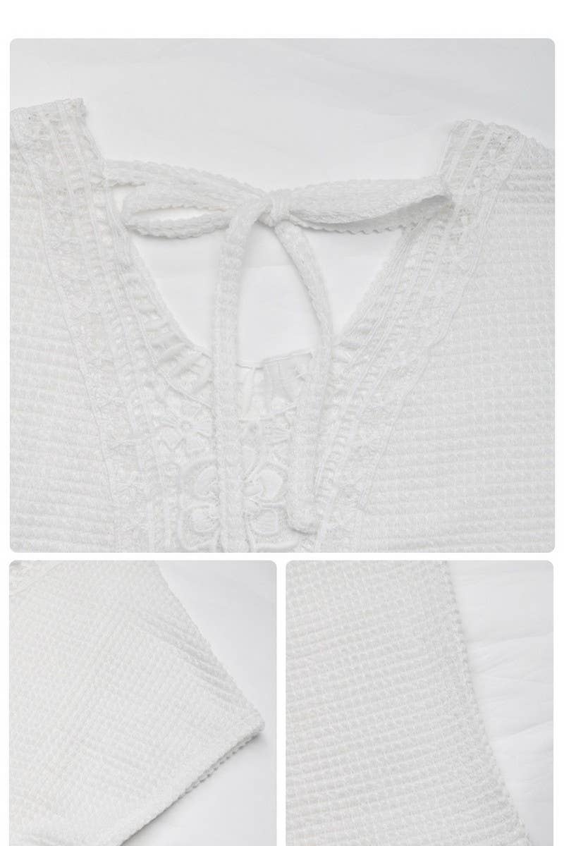 Briar Crochet Back Waffle Knit Top – White V-Neck Short Sleeve