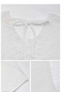 Briar Crochet Back Waffle Knit Top – White V-Neck Short Sleeve