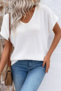 Briar Crochet Back Waffle Knit Top – White V-Neck Short Sleeve