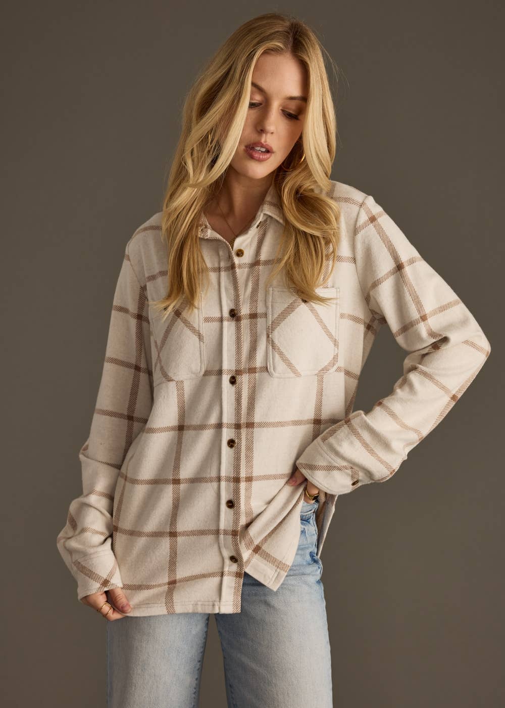 The Sutton Soft Brushed Plaid Button-Up – Beige/ Brown
