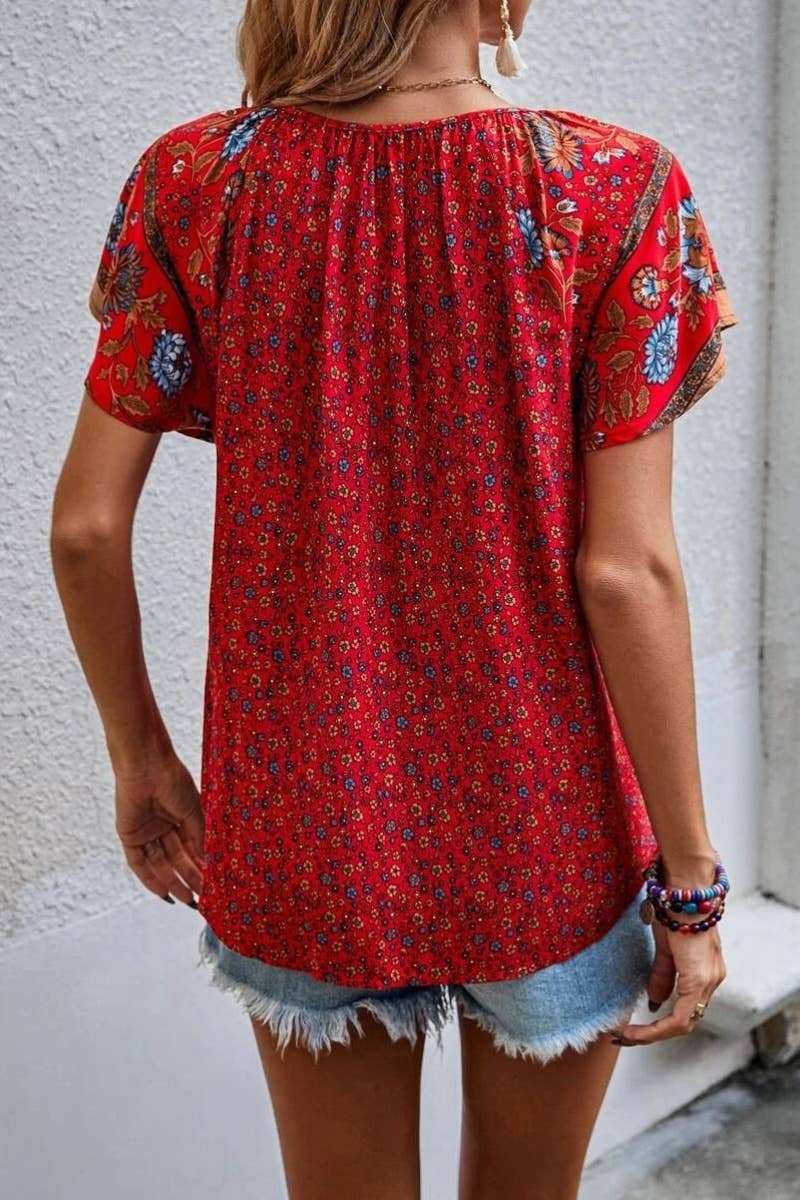 Sadie Boho Bloom V-Neck Top – Red Floral Print