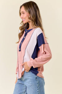 The Clara Colorblock Waffle Knit Henley – Neutral Stripe Patch Pullover