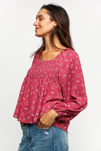 Maisie Smocked Babydoll Floral Blouse – Long Sleeve Raglan Bubble Top