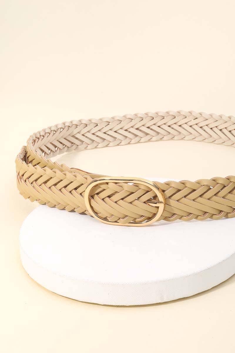Braided Faux Leather Oval Buckle Belt