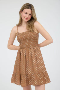 June Dotted Smocked Mini Dress – Mocha Polka Dot
