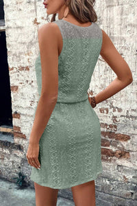 Mae Eyelet Texture Sleeveless Dress – Sage Green Drawstring Waist