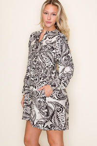 Sutton Floral Babydoll Dress – Black & White Long Sleeve Split Neck Dress