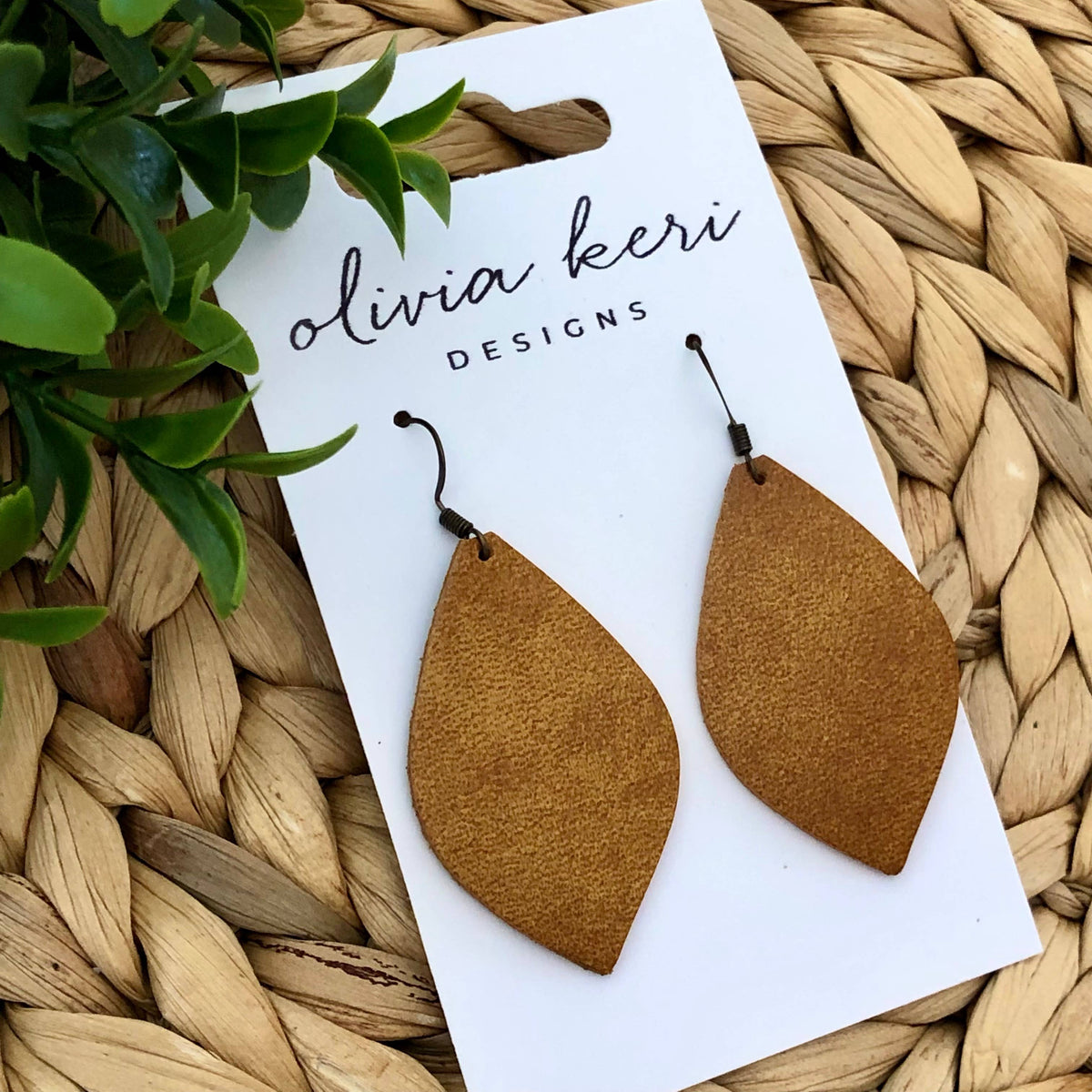 Olivia Camel Leather Drop Earrings – Lightweight Teardrop Earrings with Nickel-Free Hooks