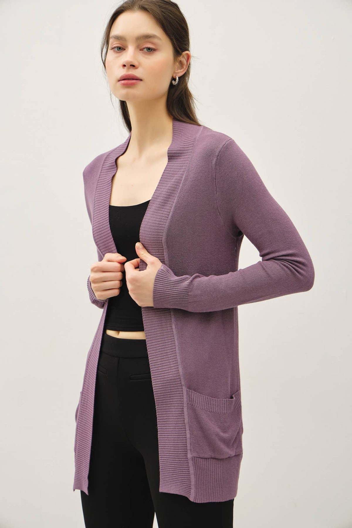 The Tessa Lightweight Open Front Cardigan – Violet, Mocha & Cream
