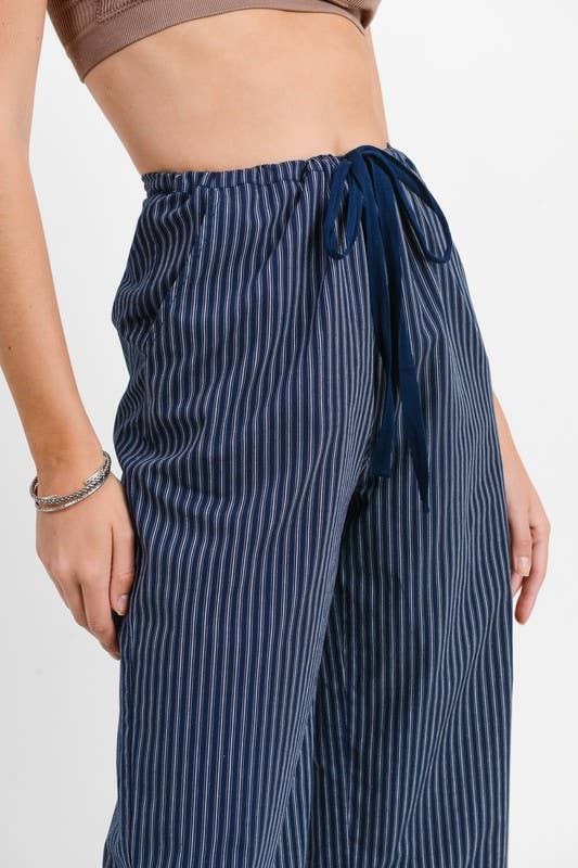 The Hallie Cropped Stripe Pant – Navy Wide Leg Drawstring Trousers