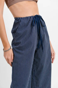 The Hallie Cropped Stripe Pant – Navy Wide Leg Drawstring Trousers