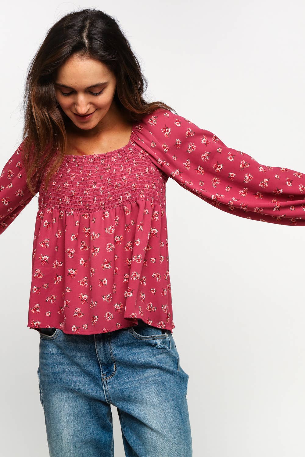 Maisie Smocked Babydoll Floral Blouse – Long Sleeve Raglan Bubble Top