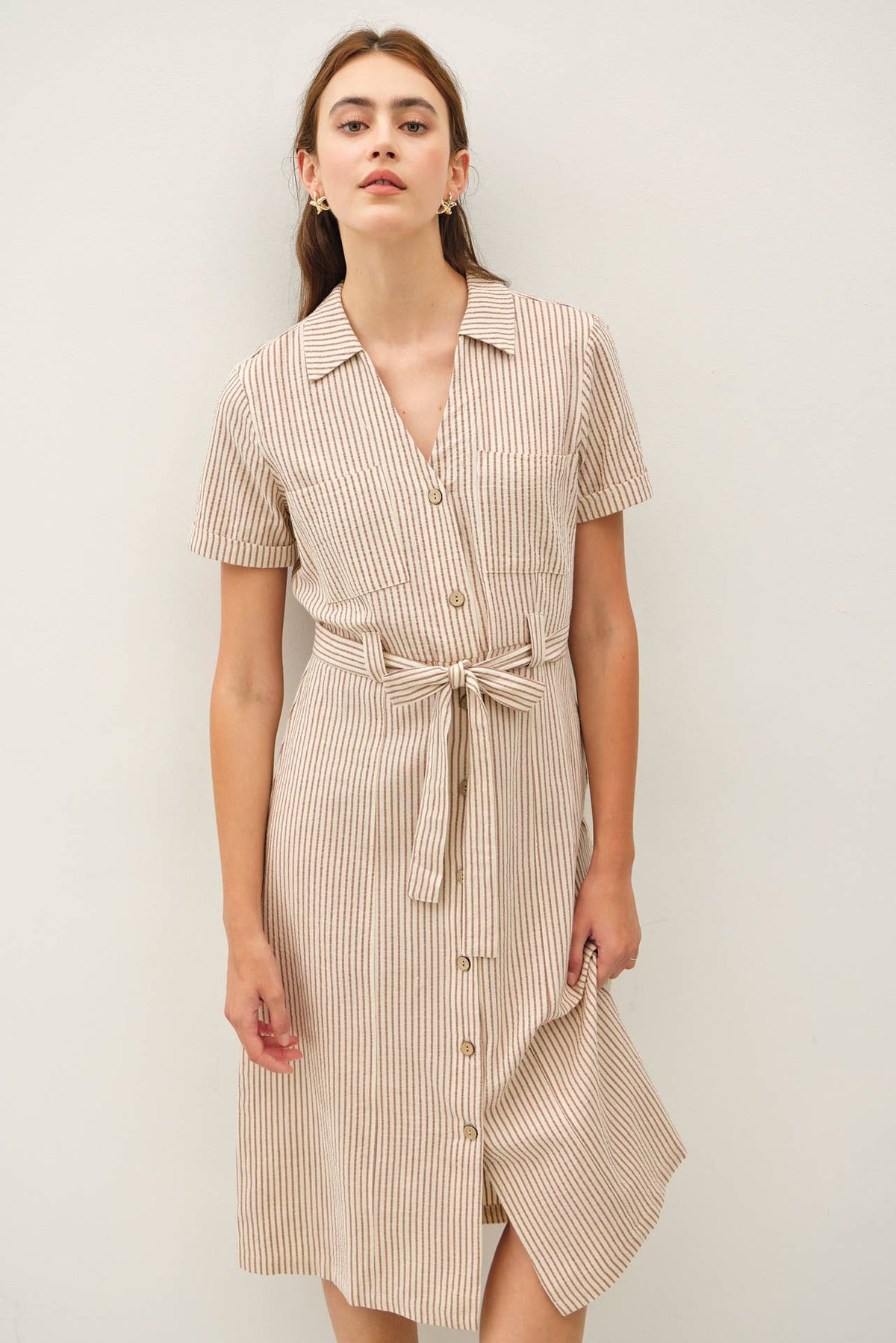 The Monroe Stripe Belted Shirt Dress – Linen Blend Utility Midi