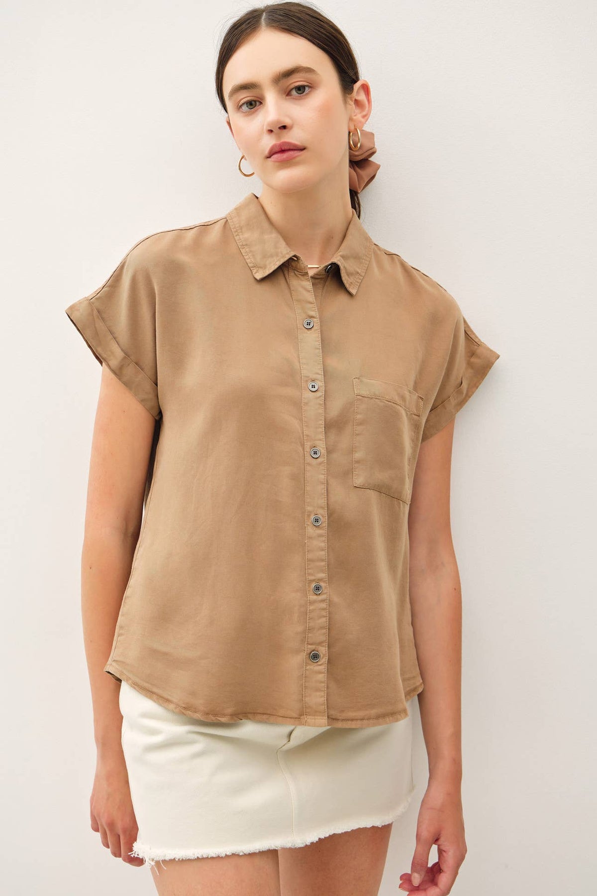 The Hadley Short Sleeve Button Down – Sage, Martini Olive, Toffee