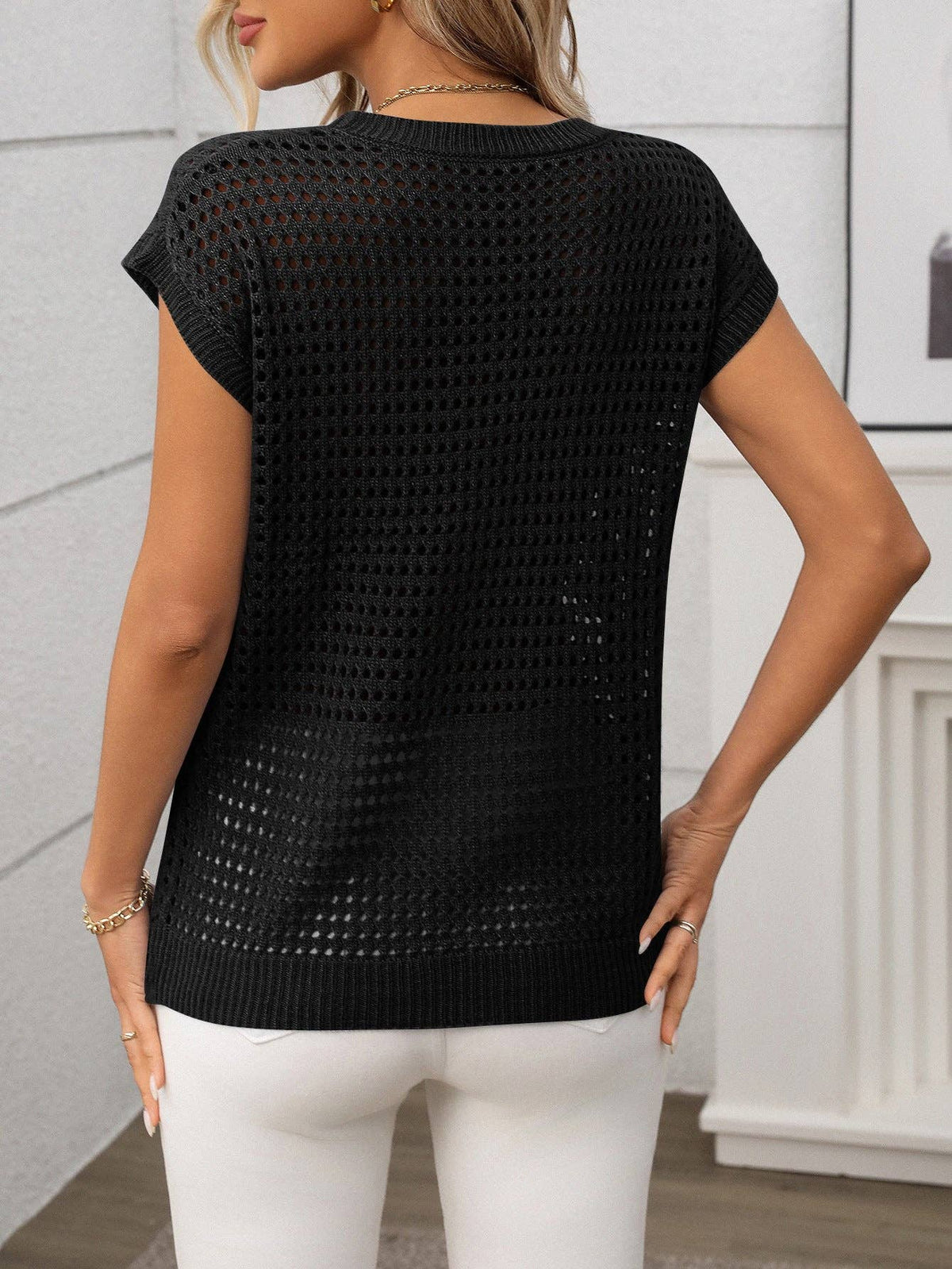 Briar Black Crochet Knit Short Sleeve Top – Lightweight Openwork Mesh Sweater for Summer