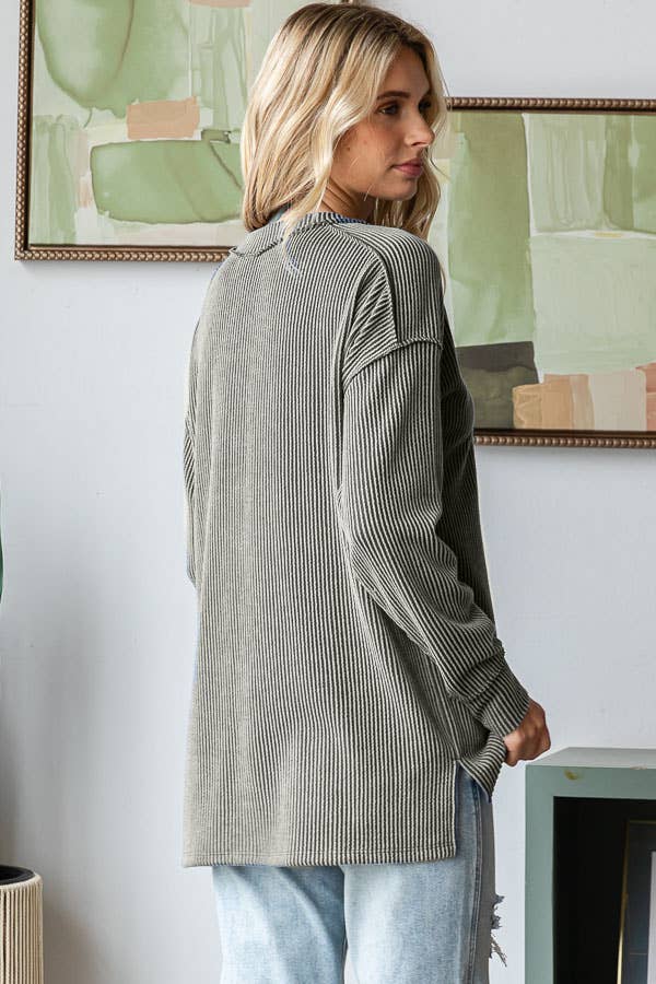 Sadie Ribbed V-Neck Long Sleeve Top – Relaxed Fit Textured Knit