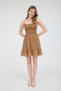 June Dotted Smocked Mini Dress – Mocha Polka Dot