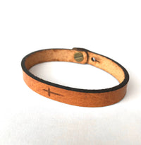 The Solace Engraved Leather Bracelet – Skinny Adjustable Cross Cuff in Full Grain Leather