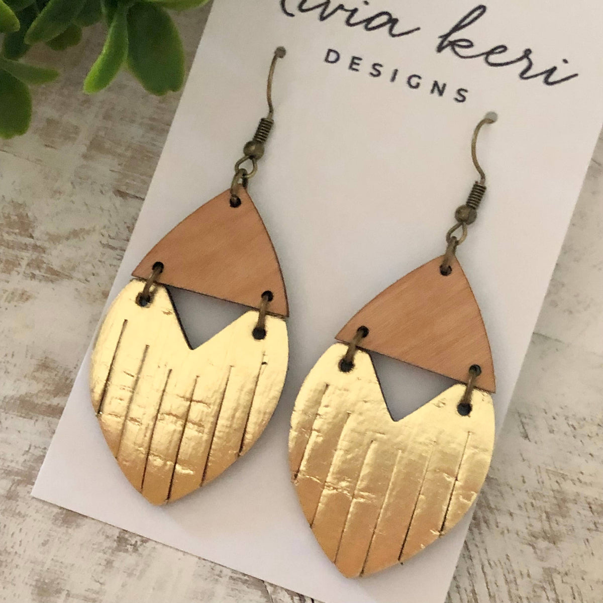 Josie Gold Leather and Wood Drop Earrings – Geometric Cork Statement Earrings