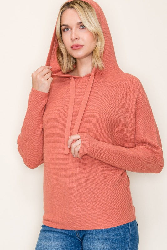 Staccato Mini Waffle Knit Hoodie Sweater – Pullover Dolman Sleeve in Terracotta, Ivory & Sage