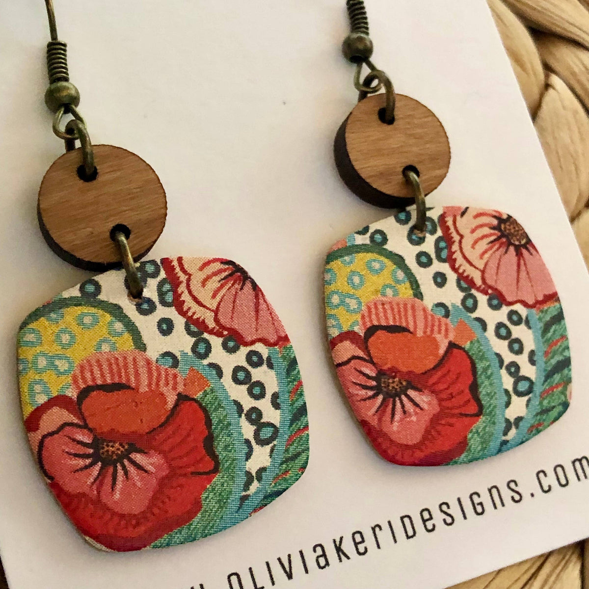 Nora Spring Fling Floral Cork Earrings – Colorful Leather Dangle Earrings with Wood Accent