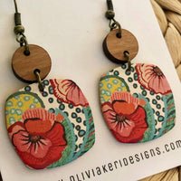 Nora Spring Fling Floral Cork Earrings – Colorful Leather Dangle Earrings with Wood Accent
