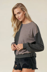 The Tessa Two-Tone Stripe Top – Charcoal/Wheat Mix