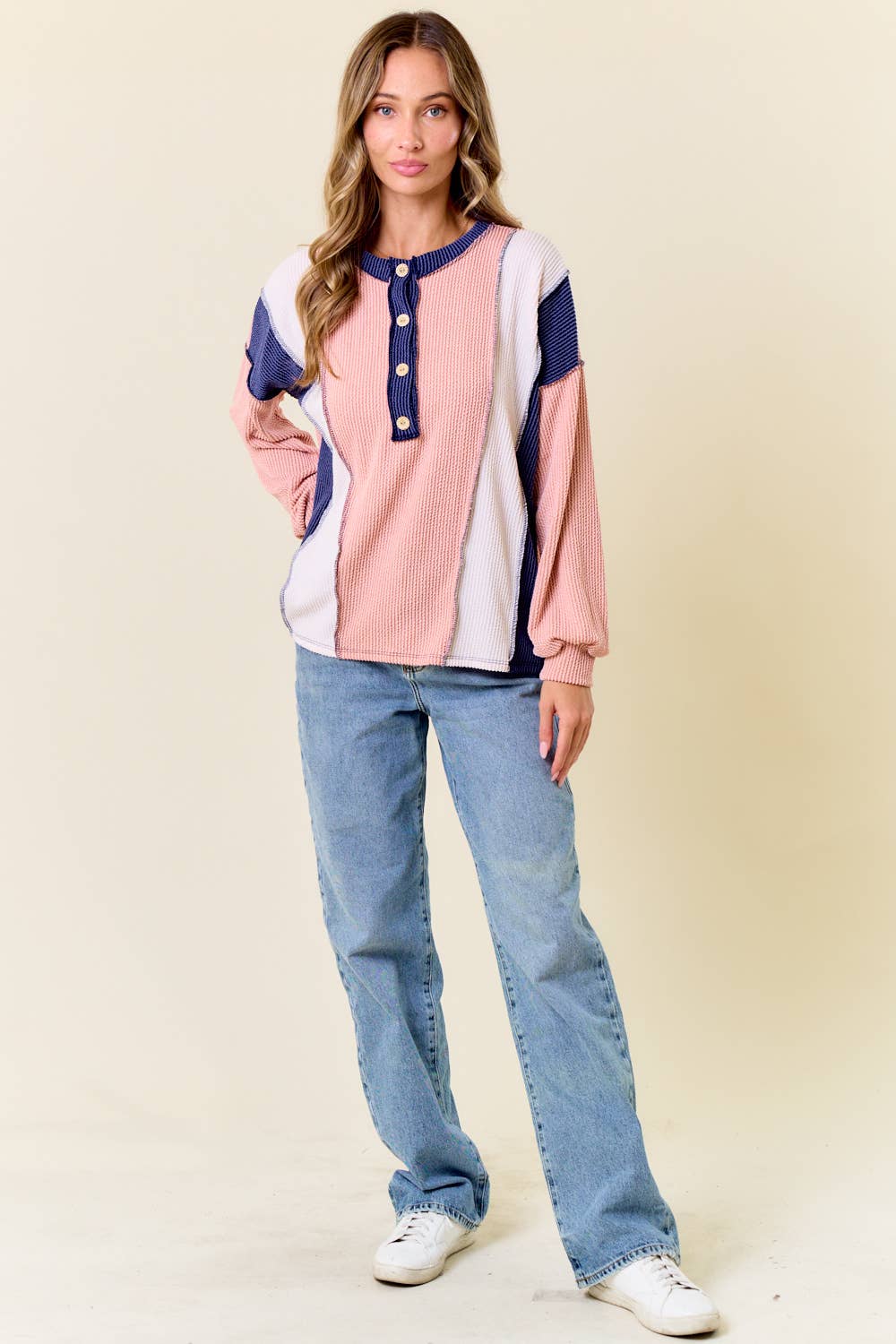 The Clara Colorblock Waffle Knit Henley – Neutral Stripe Patch Pullover