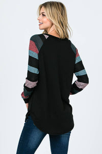 Lisa Stripe Sleeve Casual Blouse: Jade/ Black
