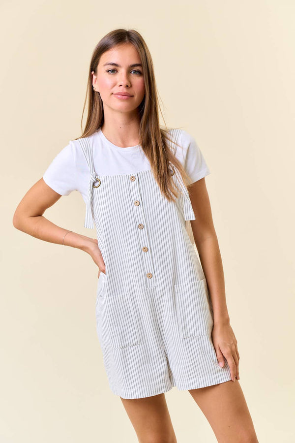 Sadie Striped Button-Down Overall Romper – Casual Cotton Summer Jumpsuit with Pockets