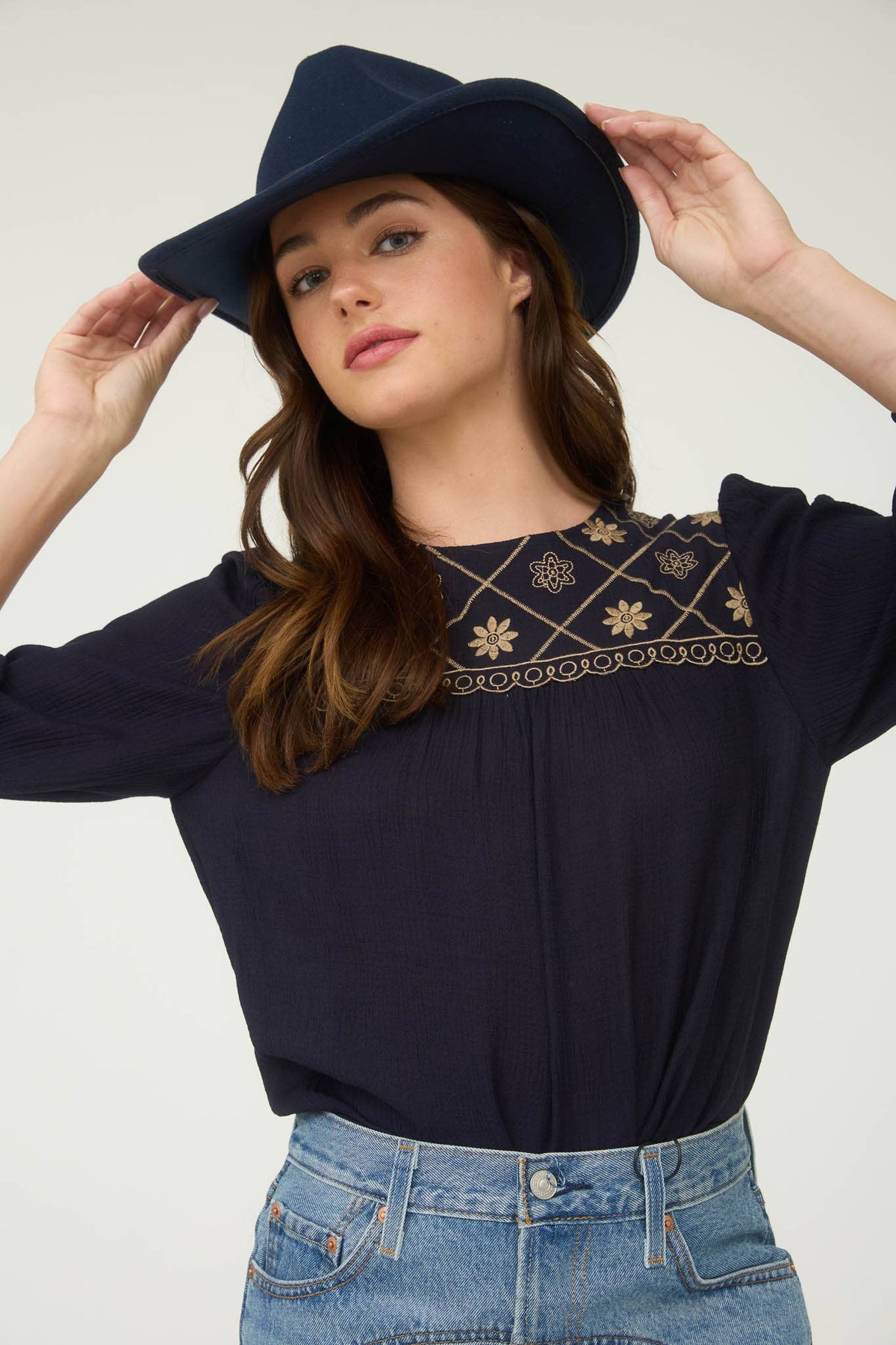 The Rylie Embroidered Yoke Blouse – 3/4 Sleeve Boho Top (Navy or Taupe)