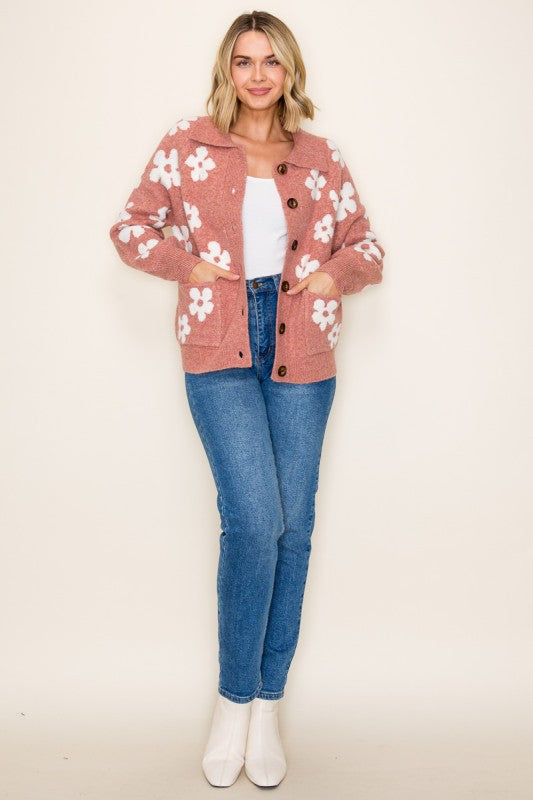 The Maribel Floral Button Front Cardigan – Rust & Ivory