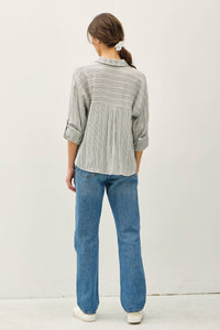 The Dakota Striped Gauze Button-Up Top – Charcoal & Amber