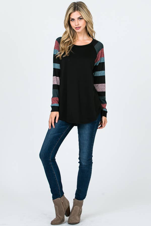 Lisa Stripe Sleeve Casual Blouse: Jade/ Black