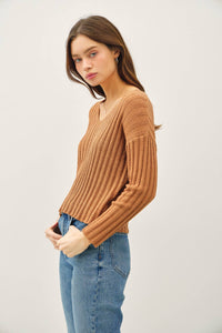 Georgia Ribbed V-Neck Sweater – Cozy Rust Knit Pullover with Drop Shoulders