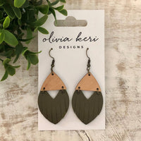 Josie Olive Green Leather & Wood Drop Earrings – Boho Chic Lightweight Dangles