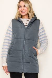 The Briar Hooded Puffer Vest – Gunmetal & Evergreen Mist