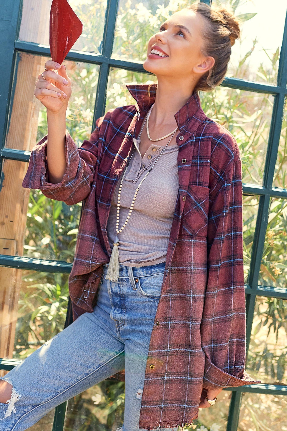 Kayla Vintage Wash Oversized Plaid Flannel Button-Up Shirt: Chocolate – Long Sleeve Layering Top