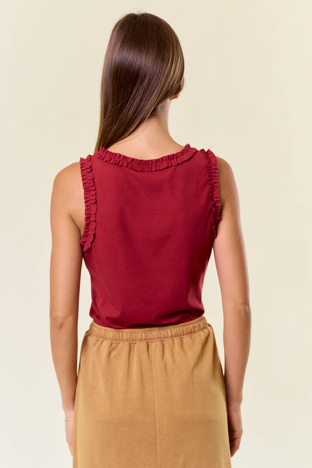 The Ivy Ruffle Ribbed Tank – Sleeveless Fitted Top with Ruffle Trim | Stretch Knit Crew Neck Tank