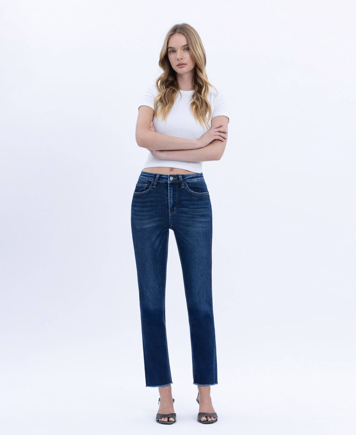 Vervet by Flying Monkey "Elara" Super High Rise Slim Straight Jeans – Raw Hem Cropped Denim