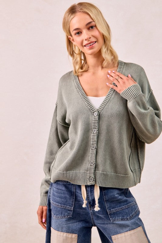The Tatum Washed Cotton V-Neck Cardigan – Vintage Wash Olive Green Knit Button Front  Product Description: