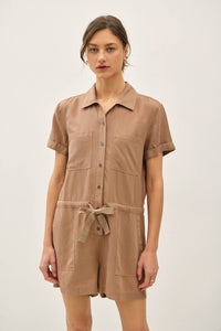 The Harper Button-Up Tencel Romper – Short Sleeve Utility Style