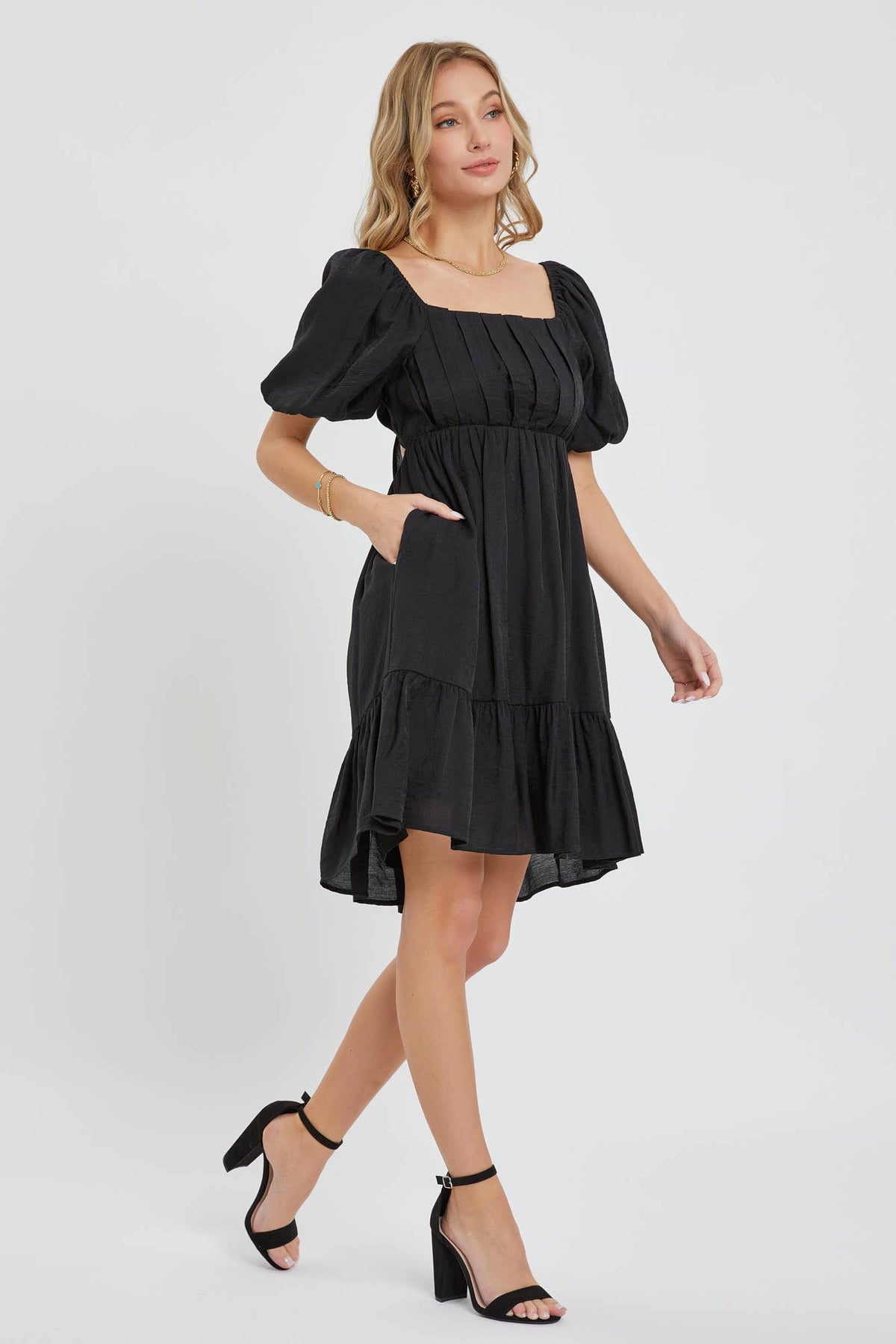 Delilah Black Puff Sleeve Babydoll Mini Dress – Flowy Square Neck Dress for Special Occasion