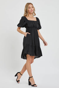 Delilah Black Puff Sleeve Babydoll Mini Dress – Flowy Square Neck Dress for Special Occasion
